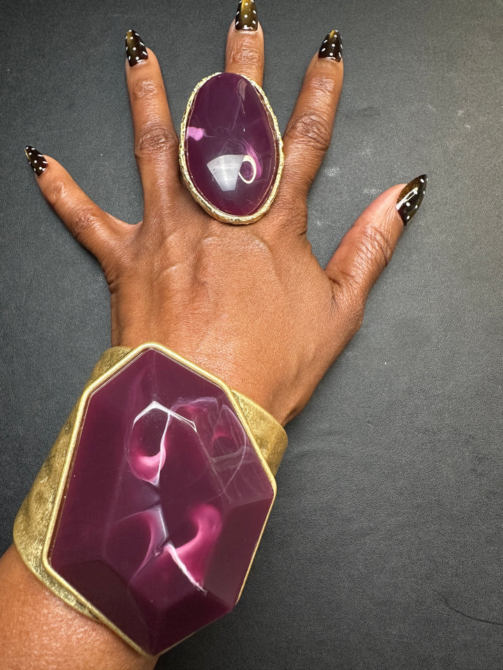 Hexagon Sculpted Hinged Bangle Bracelet - Purple