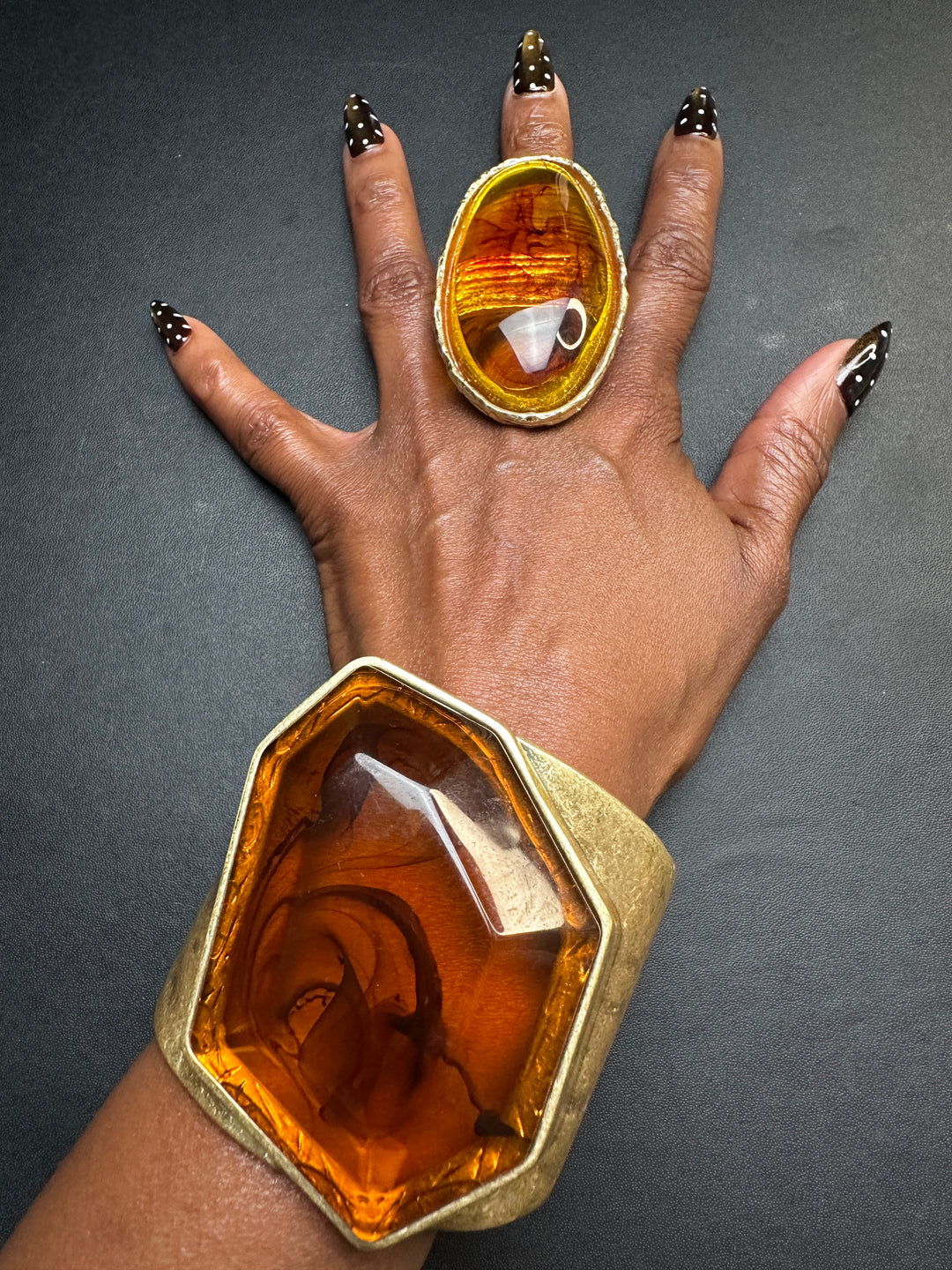 Hexagon Sculpted Hinged Bangle Bracelet -Amber Topaz