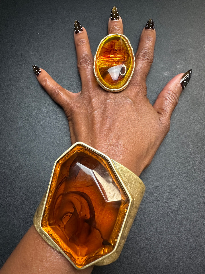 Hexagon Sculpted Hinged Bangle Bracelet -Amber Topaz