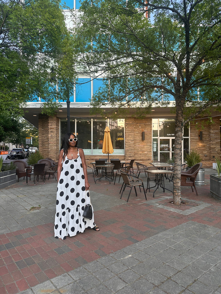 Pretty in Polka Dots Black and White Low Back Maxi Dress with Pockets