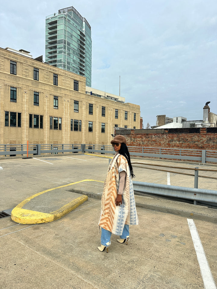 Rich Auntie Mixed Print Winter Open Front Corded Kimono -Cream Tan Light Blue Blend Ships 1/30