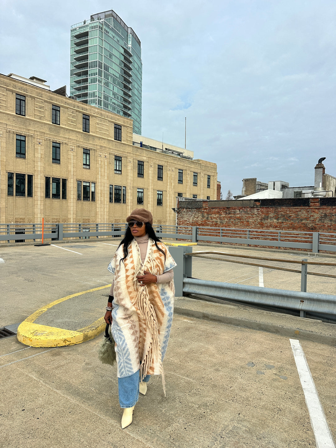 Rich Auntie Mixed Print Winter Open Front Corded Kimono -Cream Tan Light Blue Blend Ships 1/30