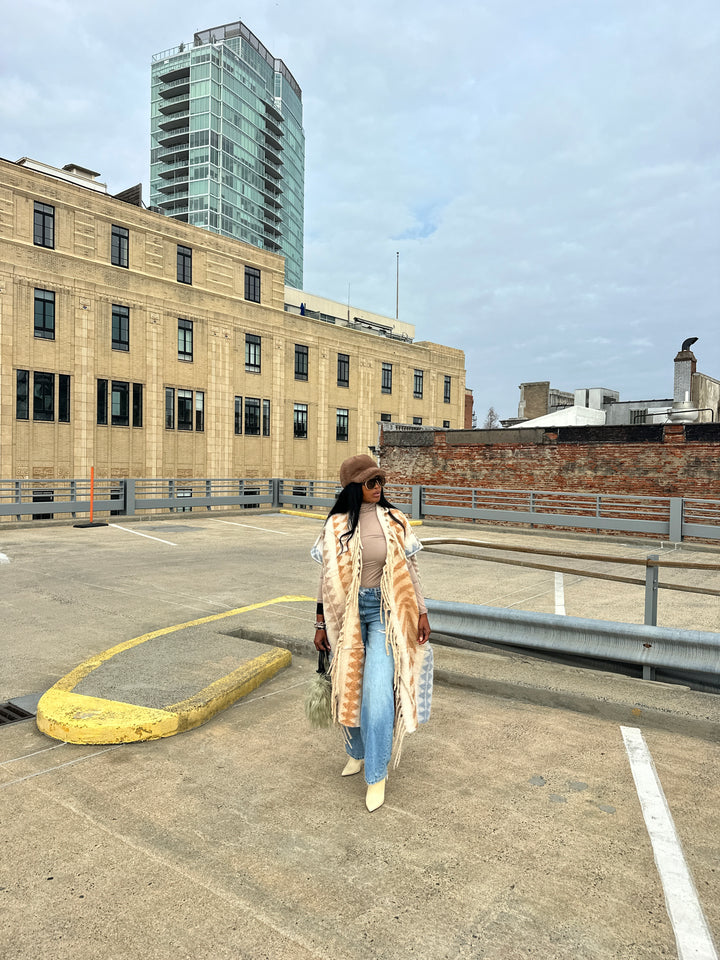 Rich Auntie Mixed Print Winter Open Front Corded Kimono -Cream Tan Light Blue Blend Ships 1/30