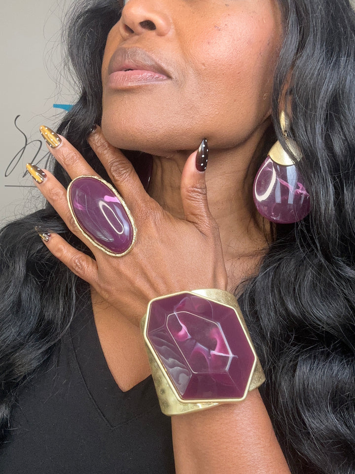 Hexagon Sculpted Hinged Bangle Bracelet - Purple