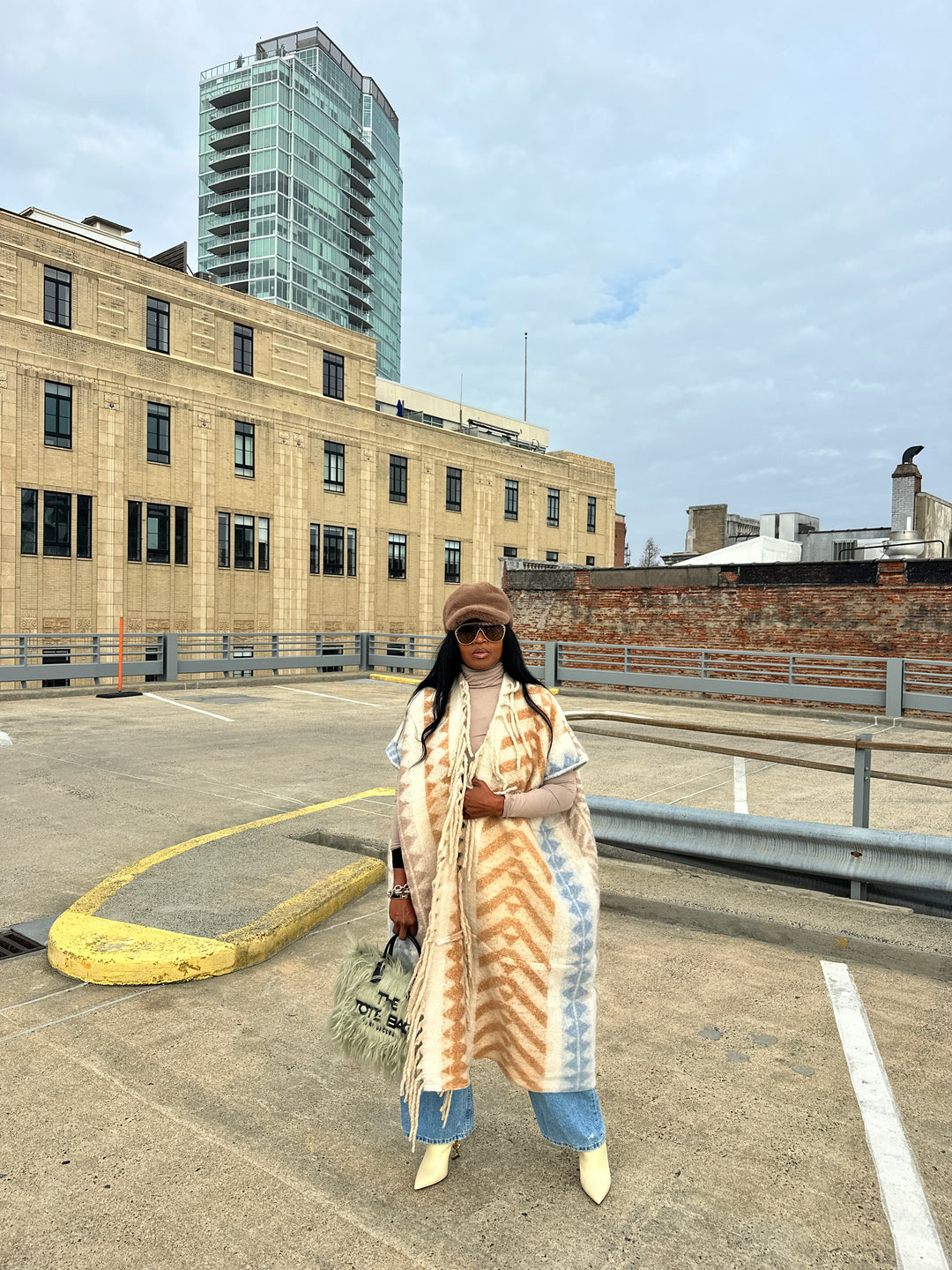 Rich Auntie Mixed Print Winter Open Front Corded Kimono -Cream Tan Light Blue Blend Ships 1/30