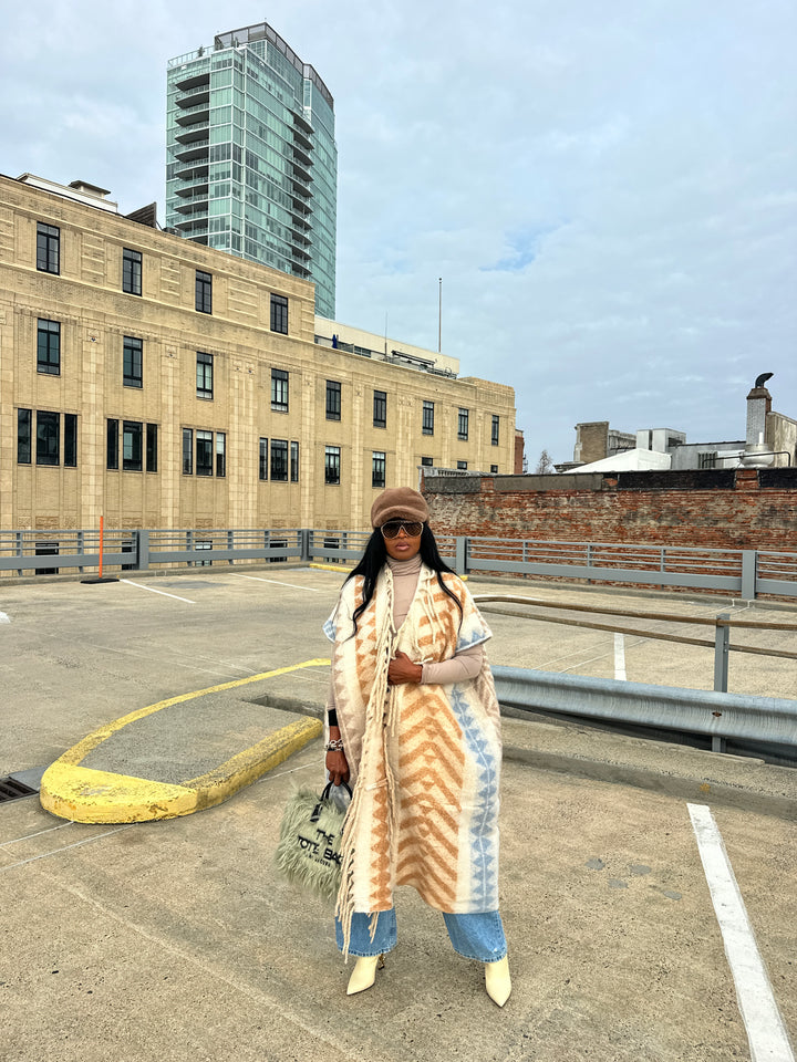 Rich Auntie Mixed Print Winter Open Front Corded Kimono -Cream Tan Light Blue Blend Ships 1/30