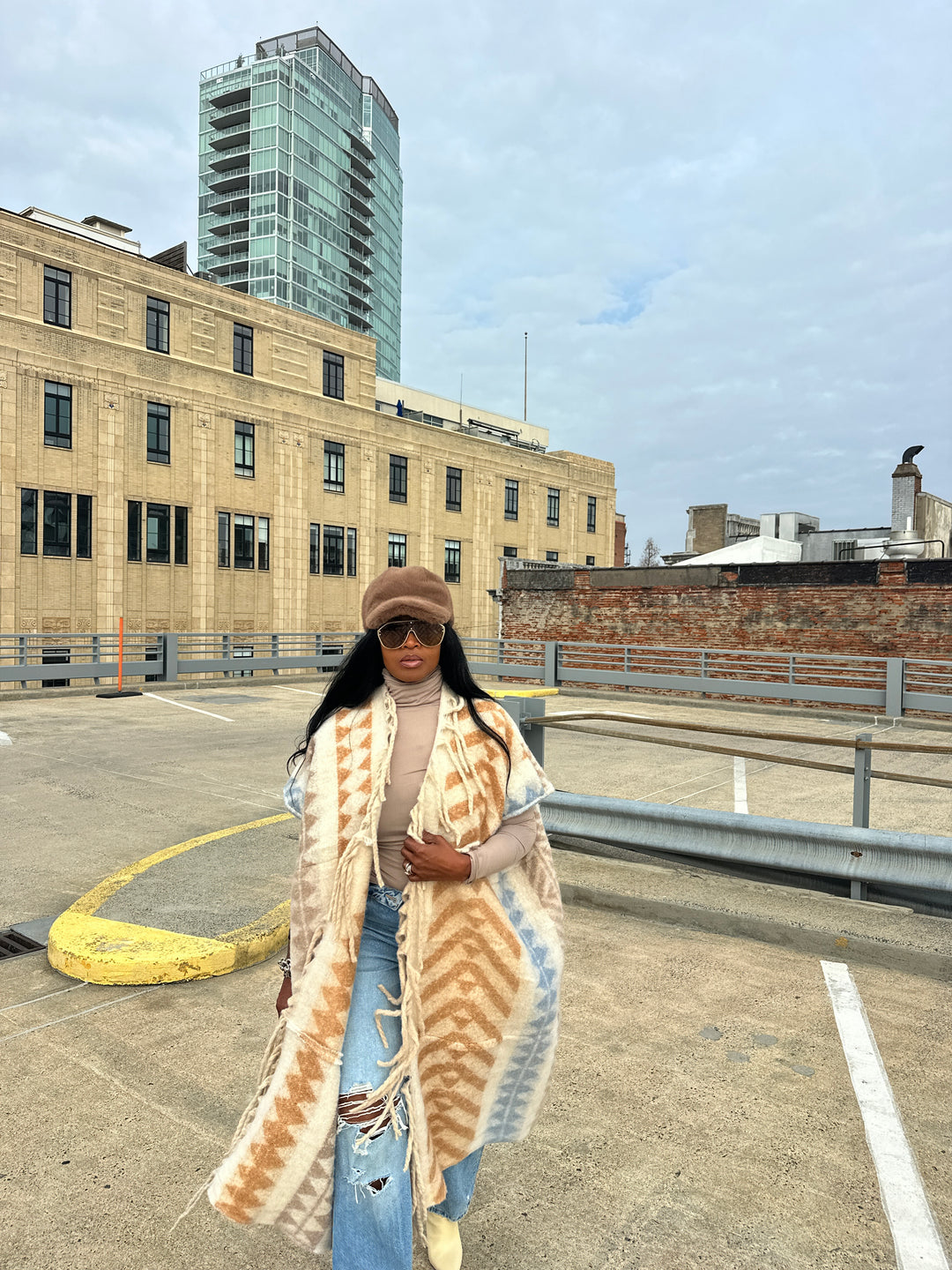 Rich Auntie Mixed Print Winter Open Front Corded Kimono -Cream Tan Light Blue Blend Ships 1/30