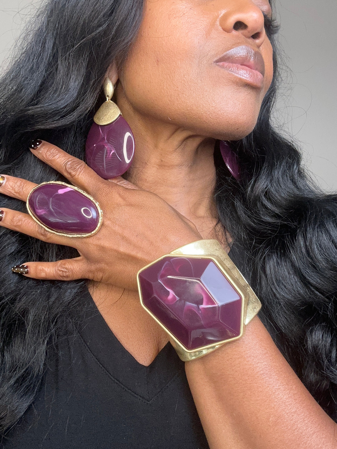 Hexagon Sculpted Hinged Bangle Bracelet - Purple