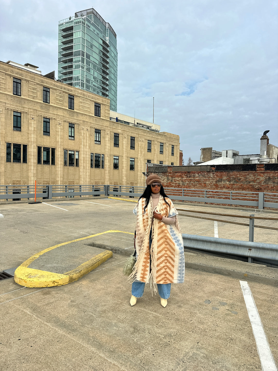 Rich Auntie Mixed Print Winter Open Front Corded Kimono -Cream Tan Light Blue Blend Ships 1/30