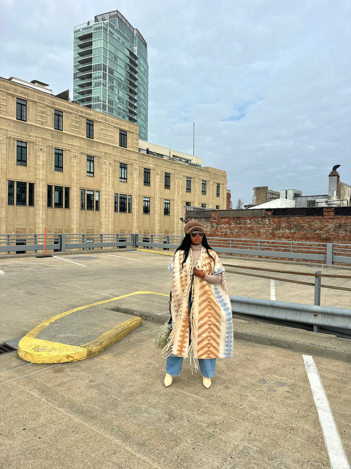 Rich Auntie Mixed Print Winter Open Front Corded Kimono -Cream Tan Light Blue Blend Ships 1/30