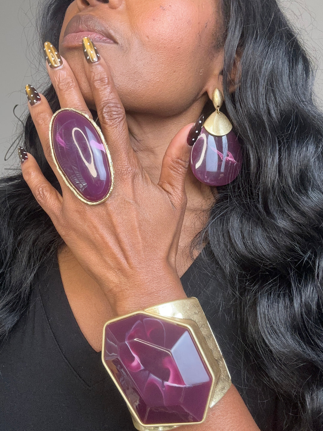 Hexagon Sculpted Hinged Bangle Bracelet - Purple