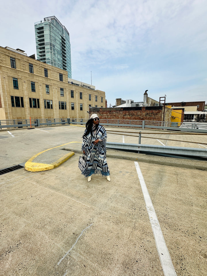 New Phoenix Crochet Kimono Coat - Navy Light Blue White Blend
