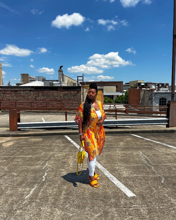 Boho Chic Open Front Lightweight Wrap Kimono - Yellow Orange Fuchsia Blend