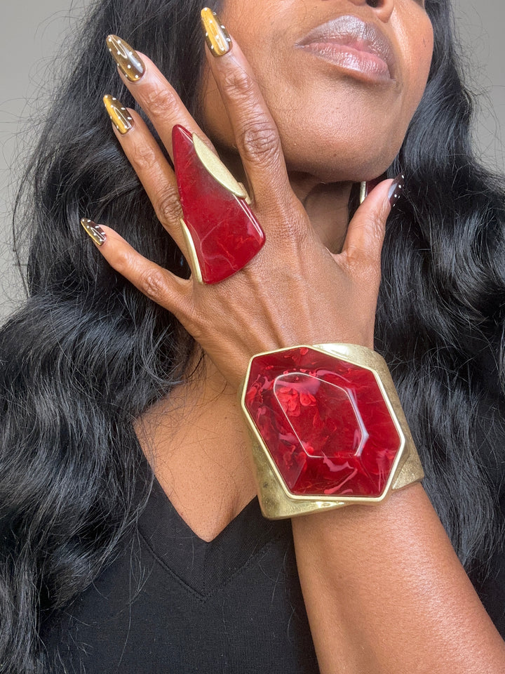 Hexagon Sculpted Hinged Bangle Bracelet - Burgundy