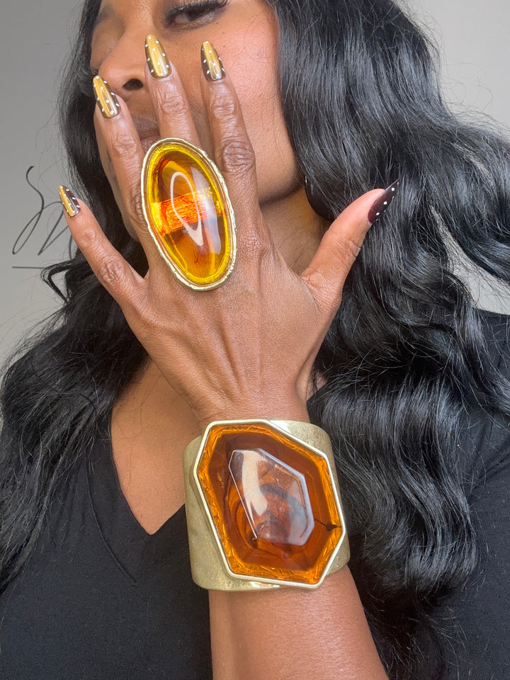 Hexagon Sculpted Hinged Bangle Bracelet -Amber Topaz