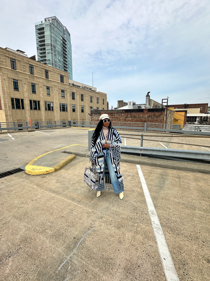 New Phoenix Crochet Kimono Coat - Navy Light Blue White Blend
