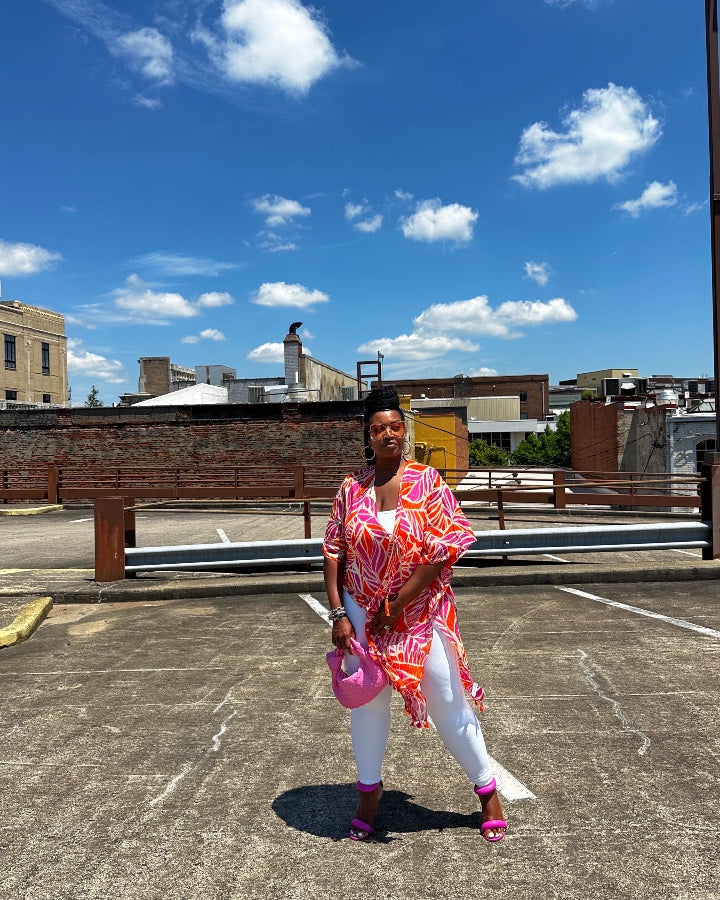 Boho Chic Open Front Lightweight Wrap Kimono - Orange and Fuchsia Blend