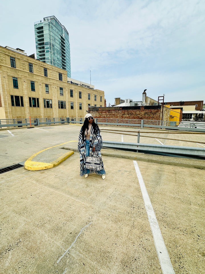 New Phoenix Crochet Kimono Coat - Navy Light Blue White Blend