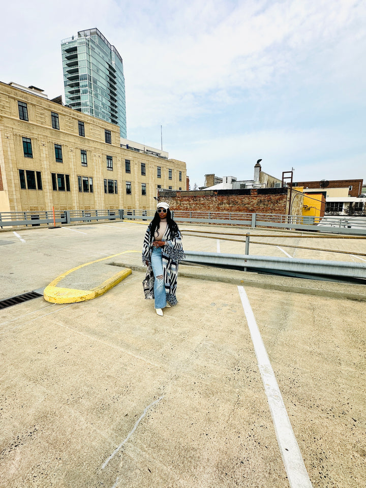 New Phoenix Crochet Kimono Coat - Navy Light Blue White Blend