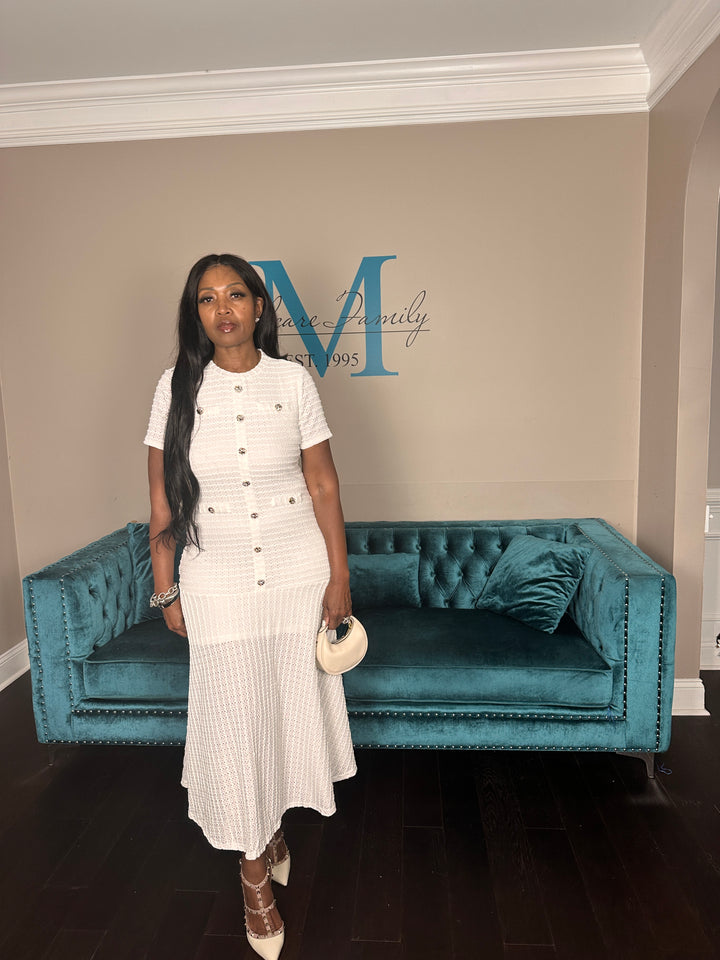 Class Act Stretch Flirty Hem Midi Dress - White
