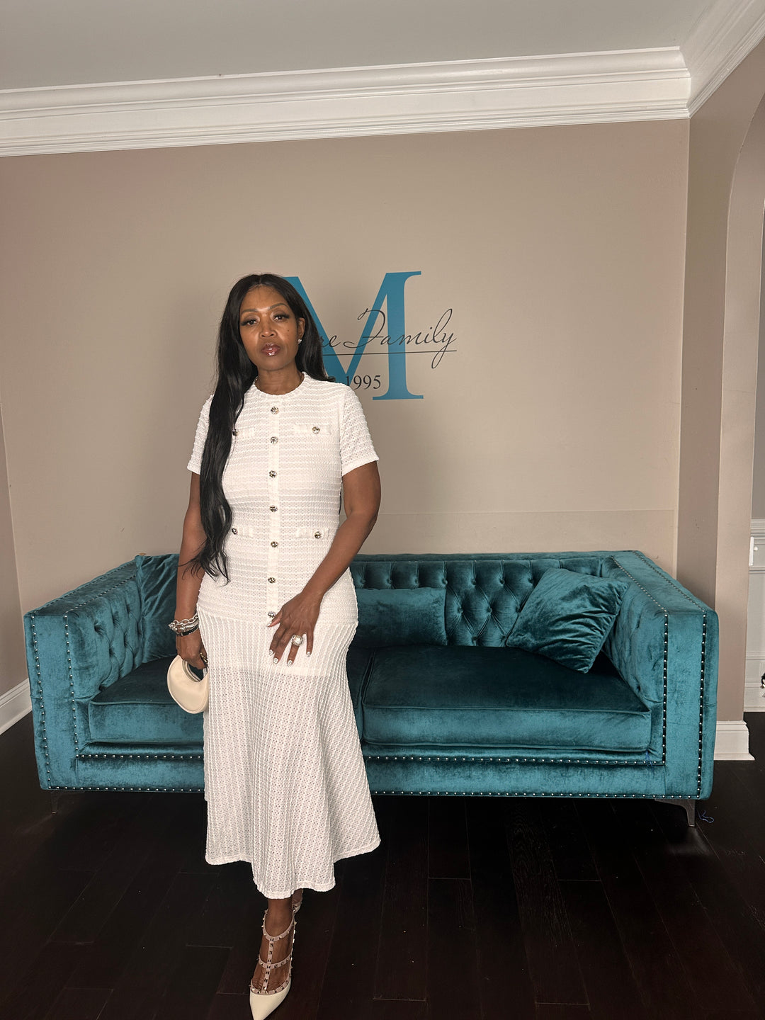 Class Act Stretch Flirty Hem Midi Dress - White