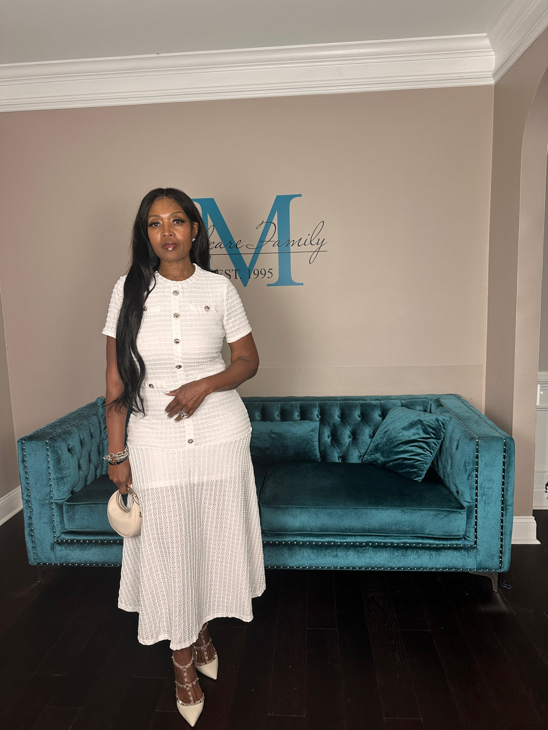 Class Act Stretch Flirty Hem Midi Dress - White