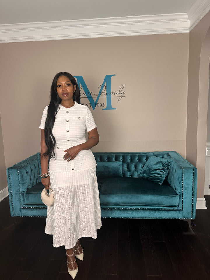 Class Act Stretch Flirty Hem Midi Dress - White