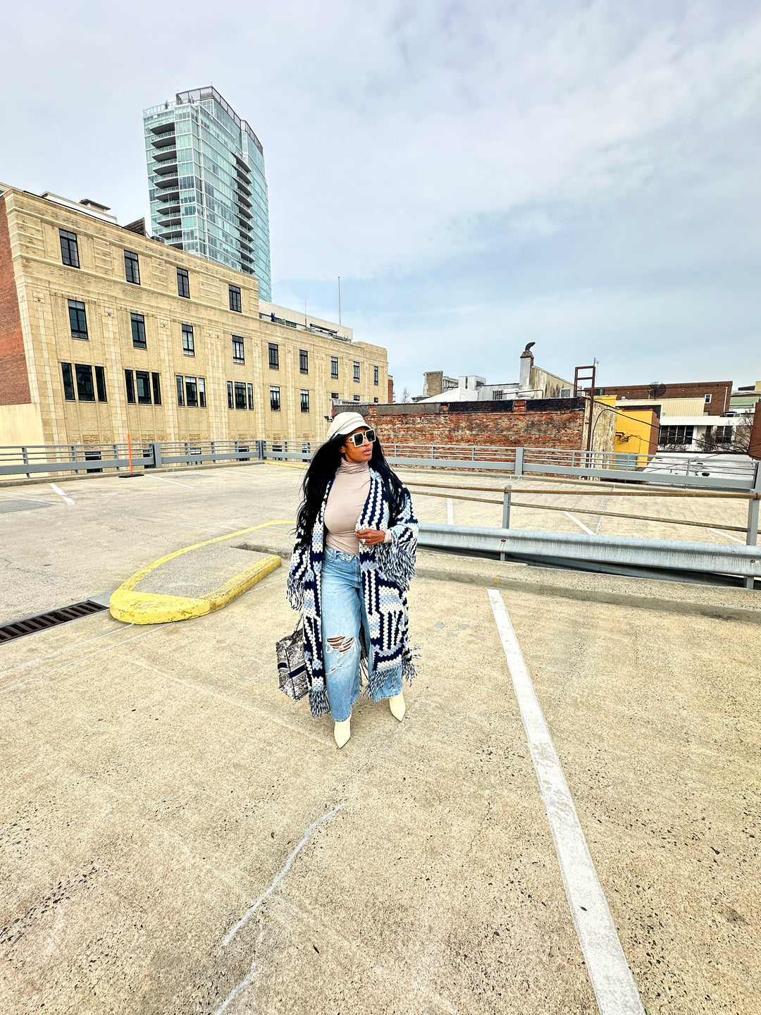 New Phoenix Crochet Kimono Coat - Navy Light Blue White Blend