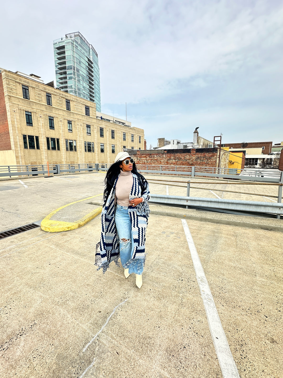 New Phoenix Crochet Kimono Coat - Navy Light Blue White Blend