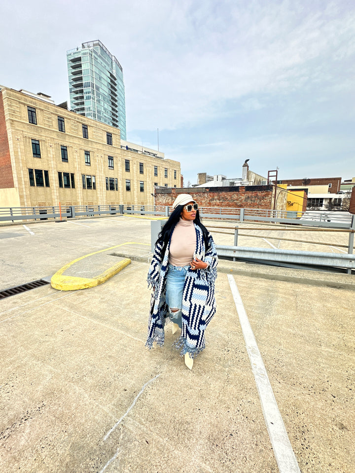 New Phoenix Crochet Kimono Coat - Navy Light Blue White Blend