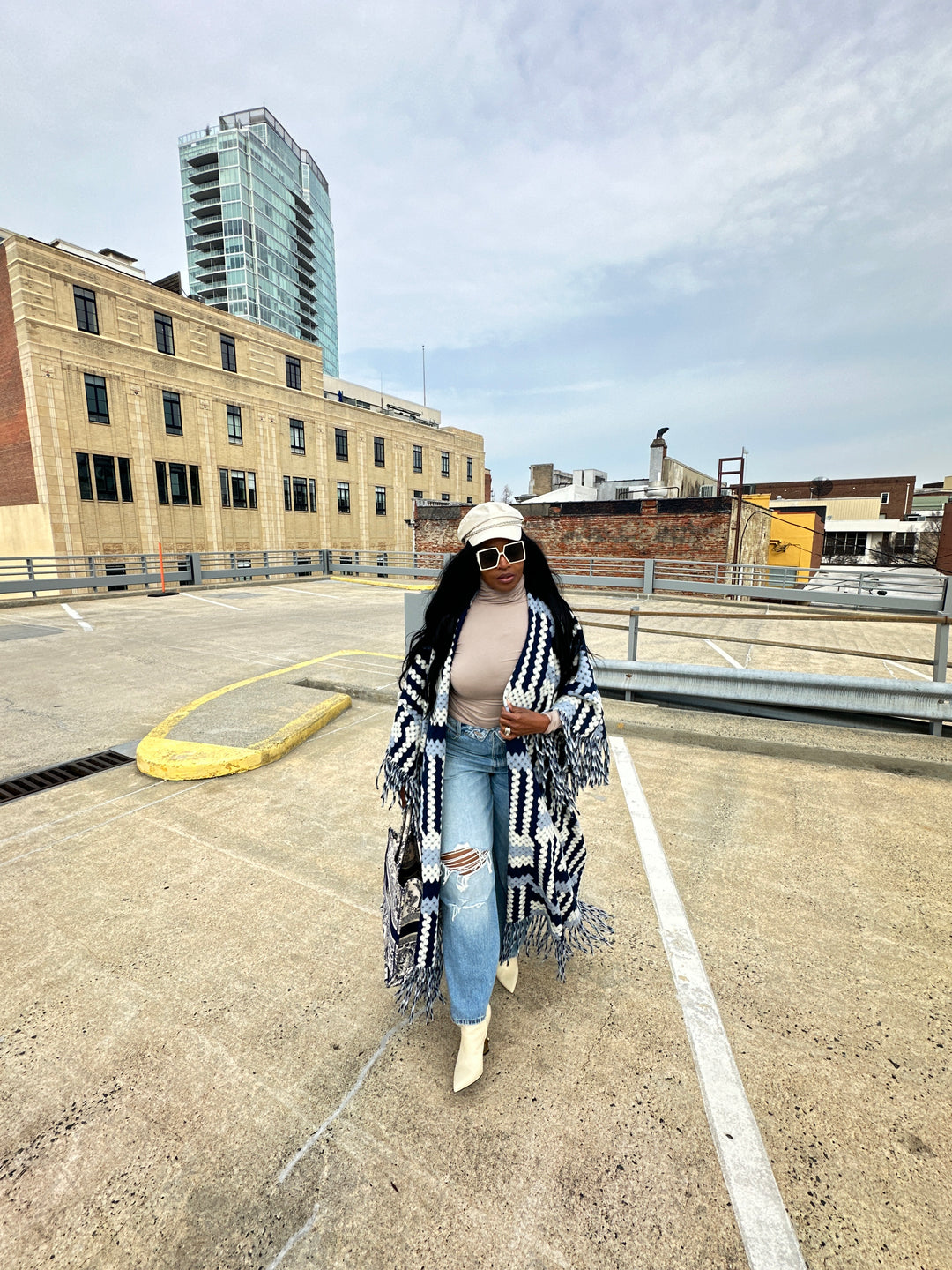 New Phoenix Crochet Kimono Coat - Navy Light Blue White Blend