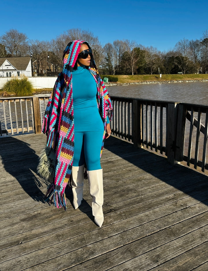 New Rio Hooded Open Front Long Crochet Coat Kimono - Pink Black