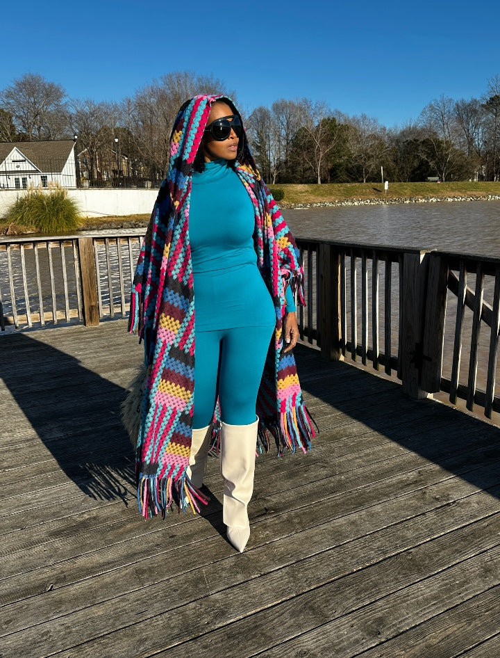 New Rio Hooded Open Front Long Crochet Coat Kimono - Pink Black