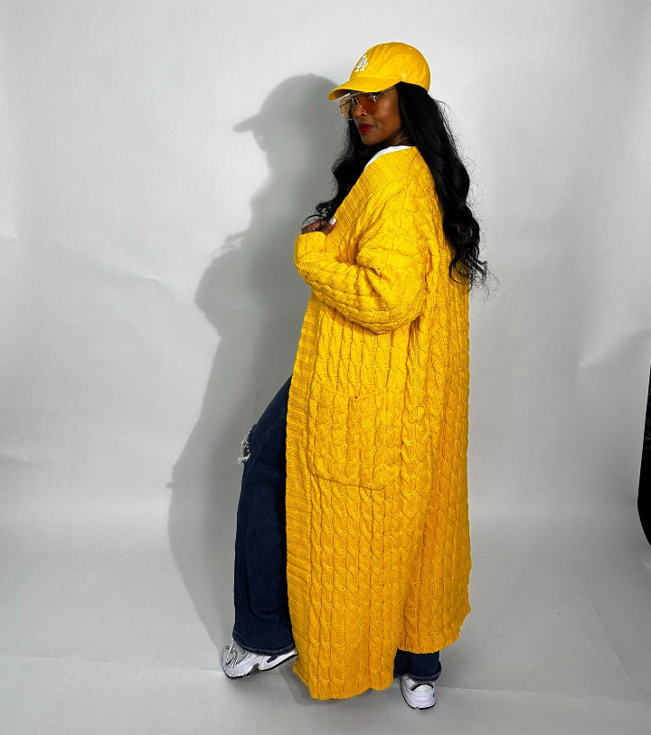 Cable Knit Long Open Front Cardigan Yellow All Diva Things