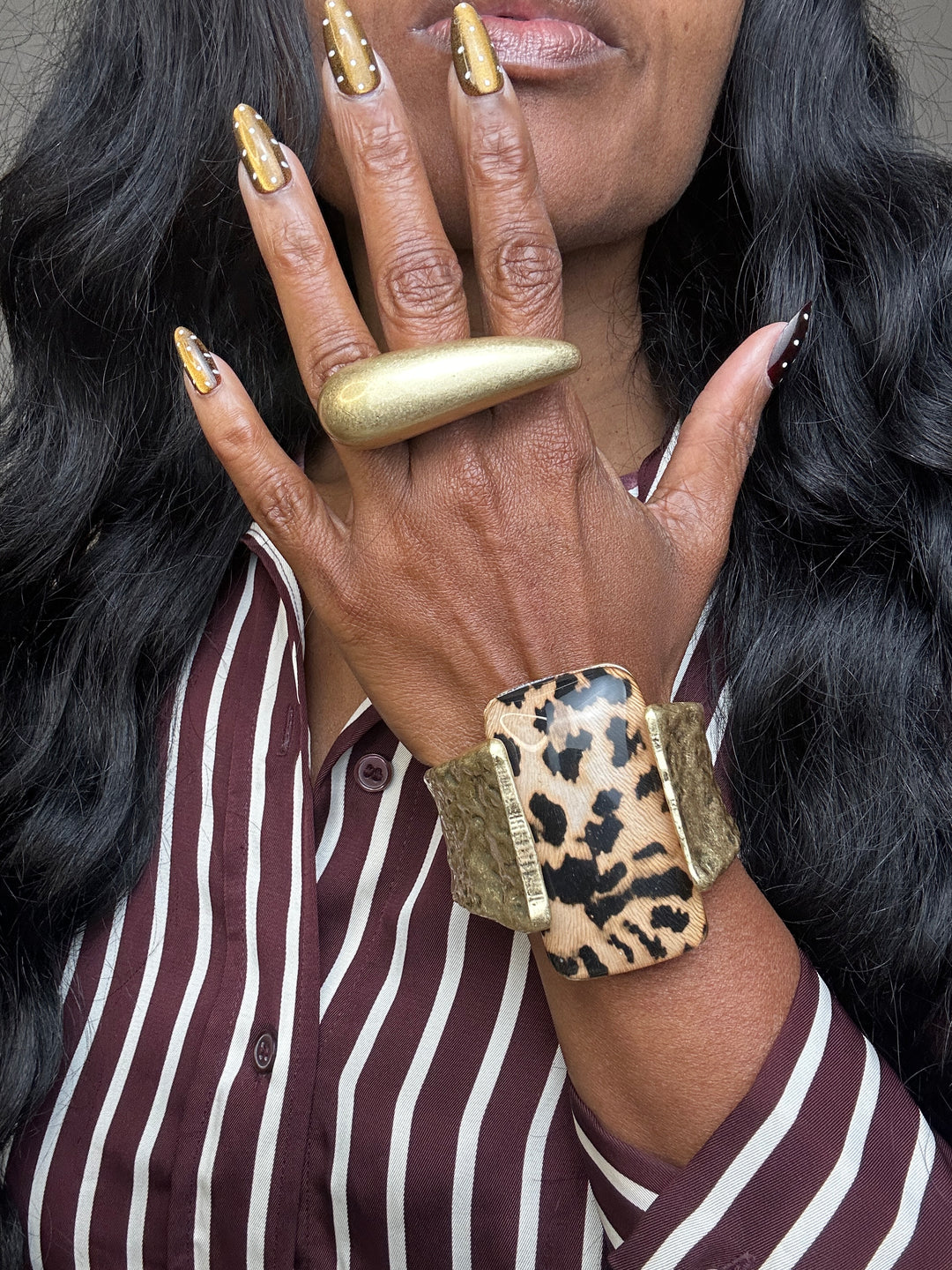 NEW Wide Bold Sculpted Hinged Bangle Square Bracelet - Leopard Print