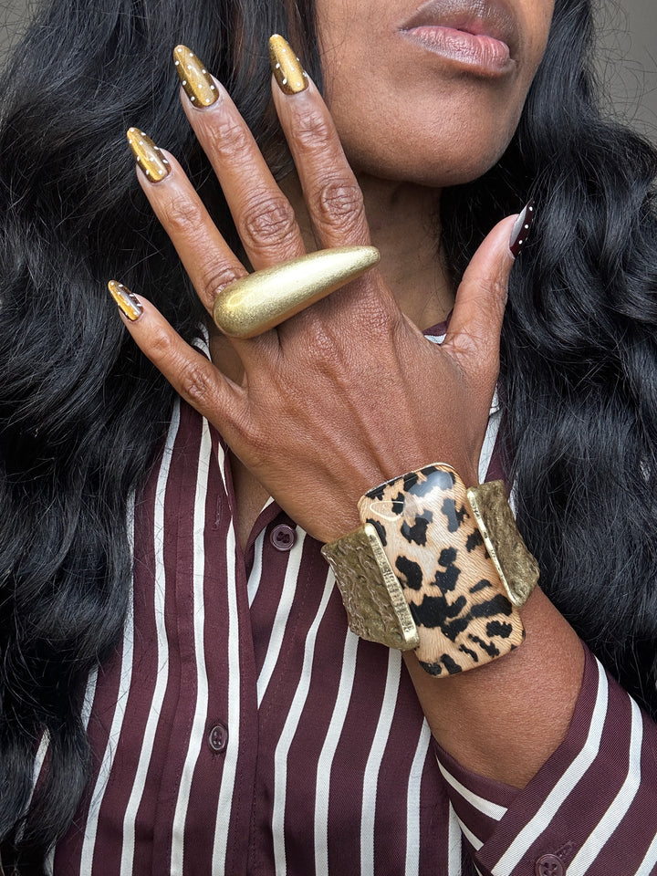 NEW Wide Bold Sculpted Hinged Bangle Square Bracelet - Leopard Print