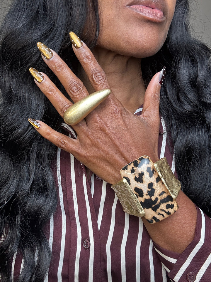 NEW Wide Bold Sculpted Hinged Bangle Square Bracelet - Leopard Print