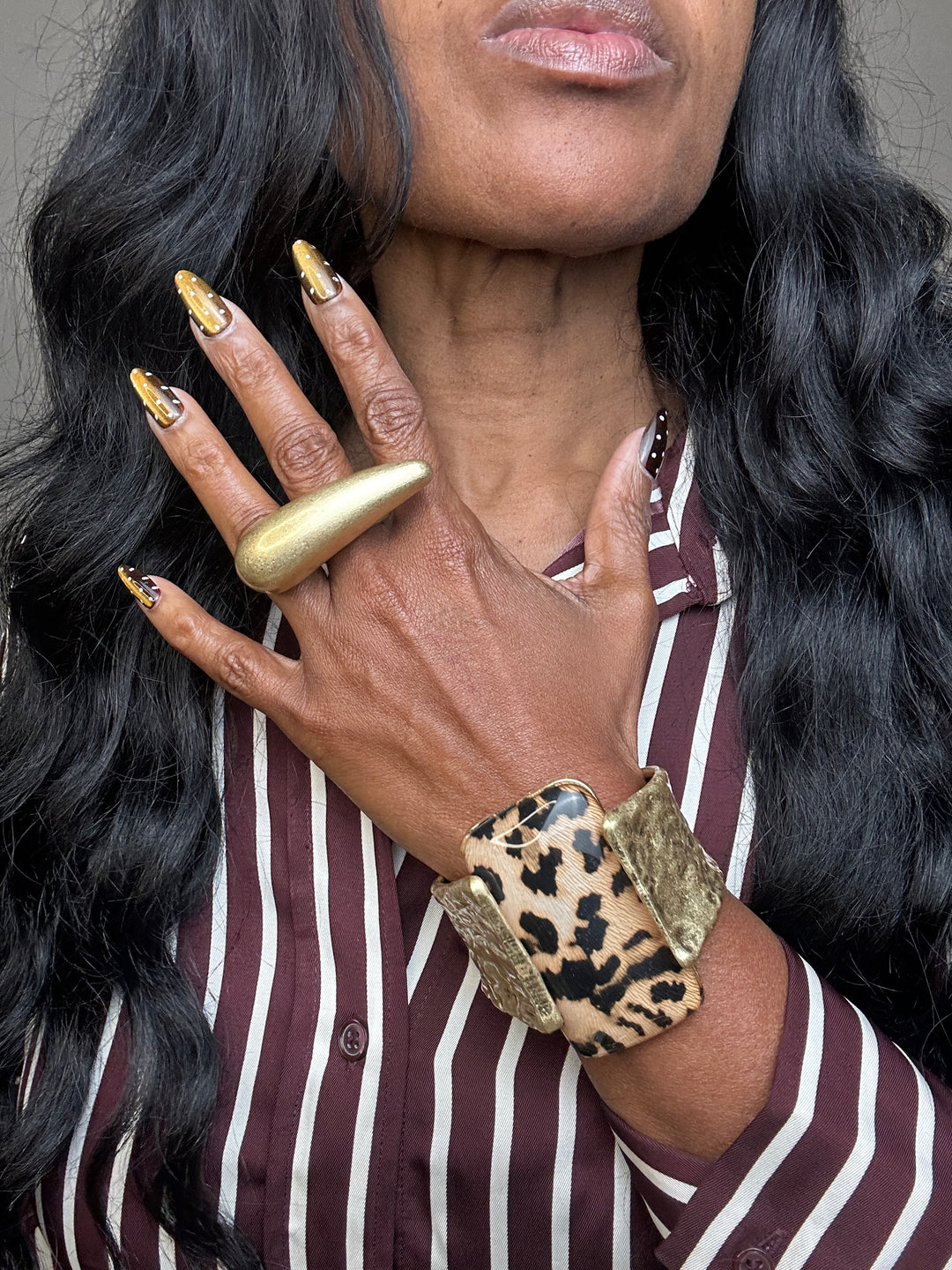 NEW Wide Bold Sculpted Hinged Bangle Square Bracelet - Leopard Print
