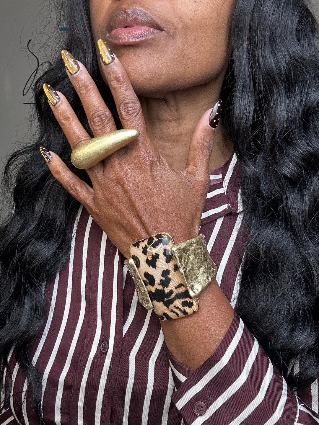 NEW Wide Bold Sculpted Hinged Bangle Square Bracelet - Leopard Print