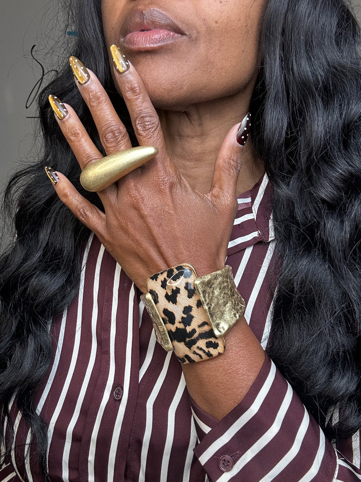 NEW Wide Bold Sculpted Hinged Bangle Square Bracelet - Leopard Print