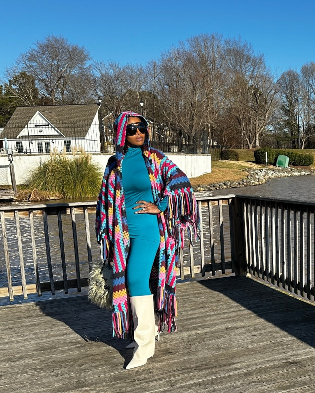 Kimono Coat – Rio Hooded Crochet Open-Front | Pink Black Turquoise