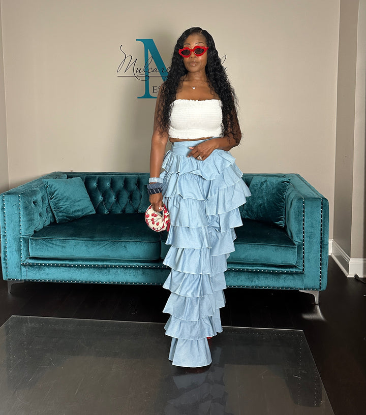 Denim Tiered Stretch Pants -Light Blue Denim