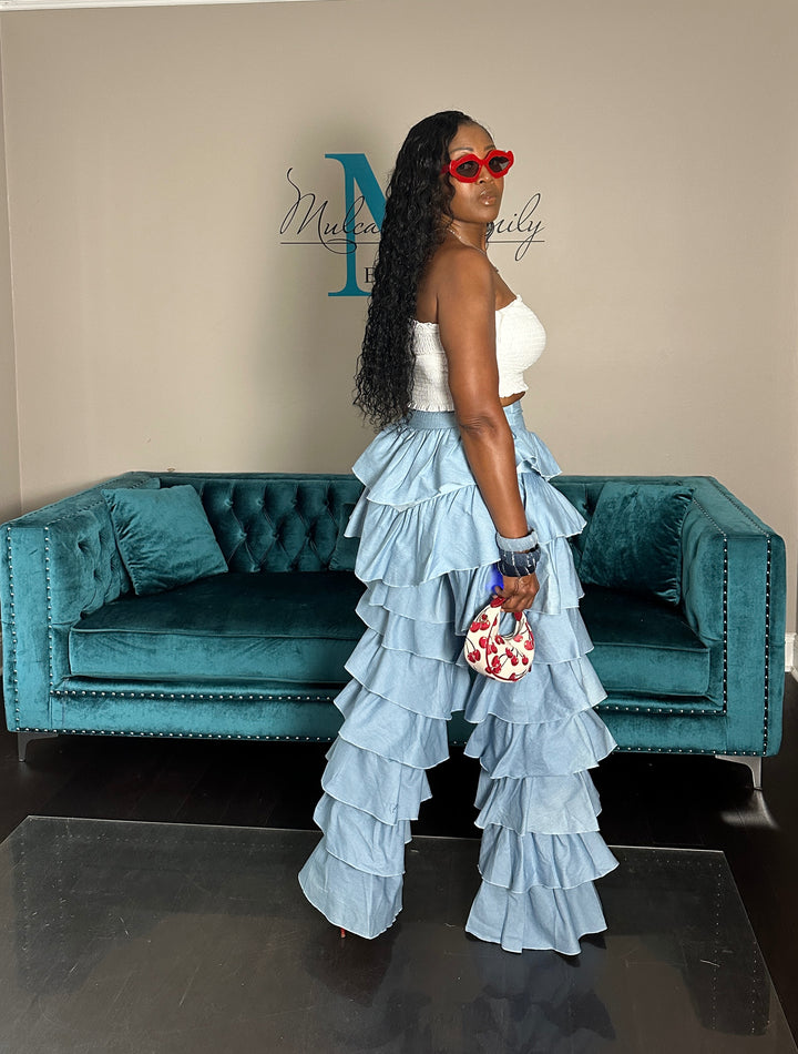 Denim Tiered Stretch Pants -Light Blue Denim
