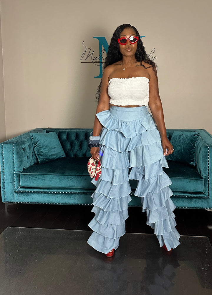 Denim Tiered Stretch Pants -Light Blue Denim