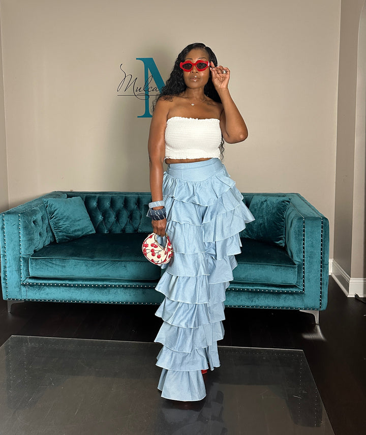 Denim Tiered Stretch Pants -Light Blue Denim