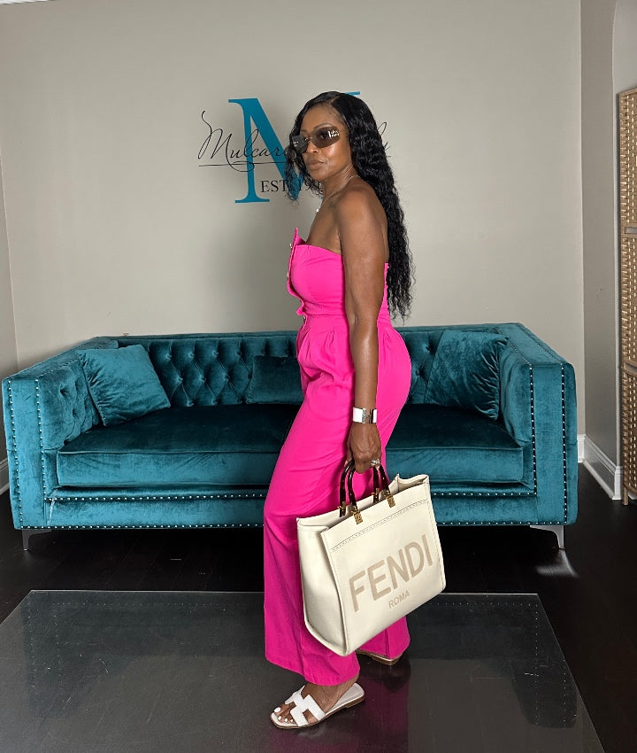 Stretch Twill Strapless Gold Button Fuchsia Jumpsuit