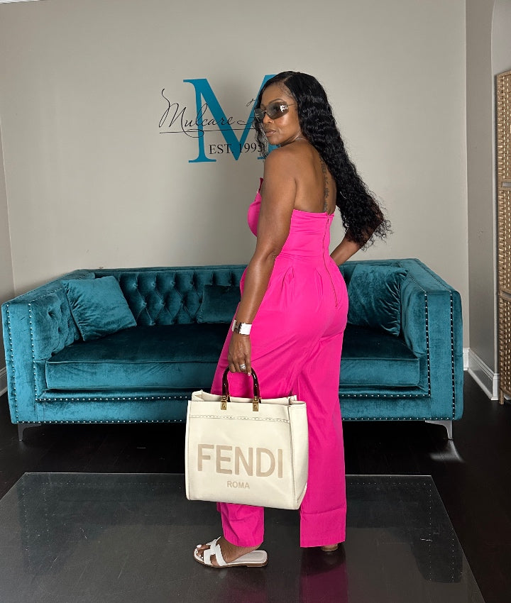 Stretch Twill Strapless Gold Button Fuchsia Jumpsuit