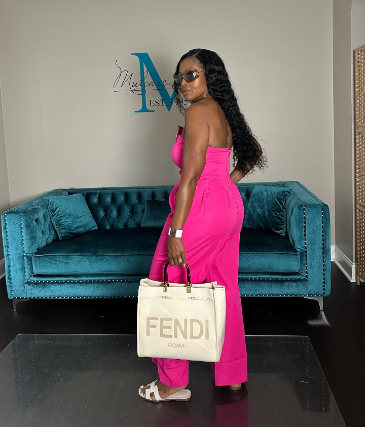 Stretch Twill Strapless Gold Button Fuchsia Jumpsuit