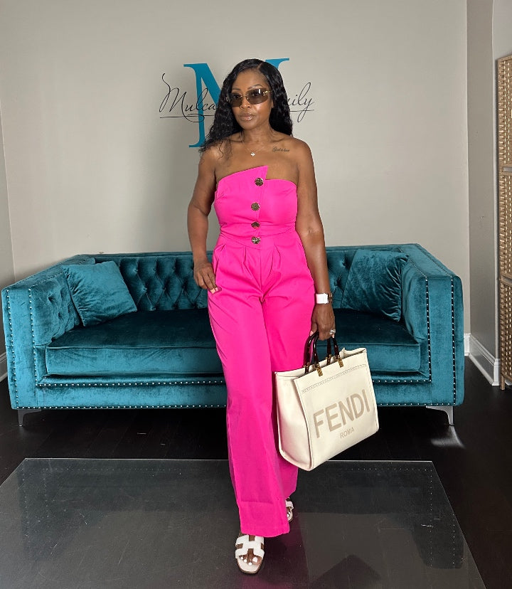 Stretch Twill Strapless Gold Button Fuchsia Jumpsuit