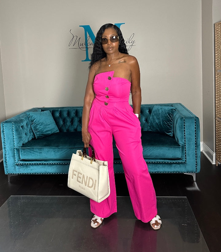 Stretch Twill Strapless Gold Button Fuchsia Jumpsuit